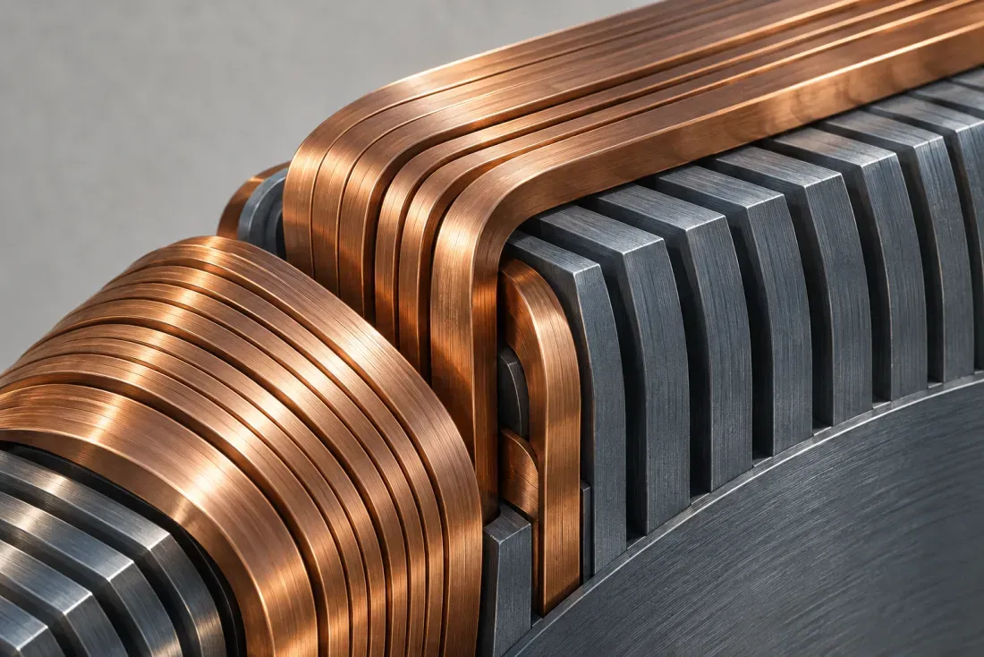 Illustration of copper windings and laminated steel